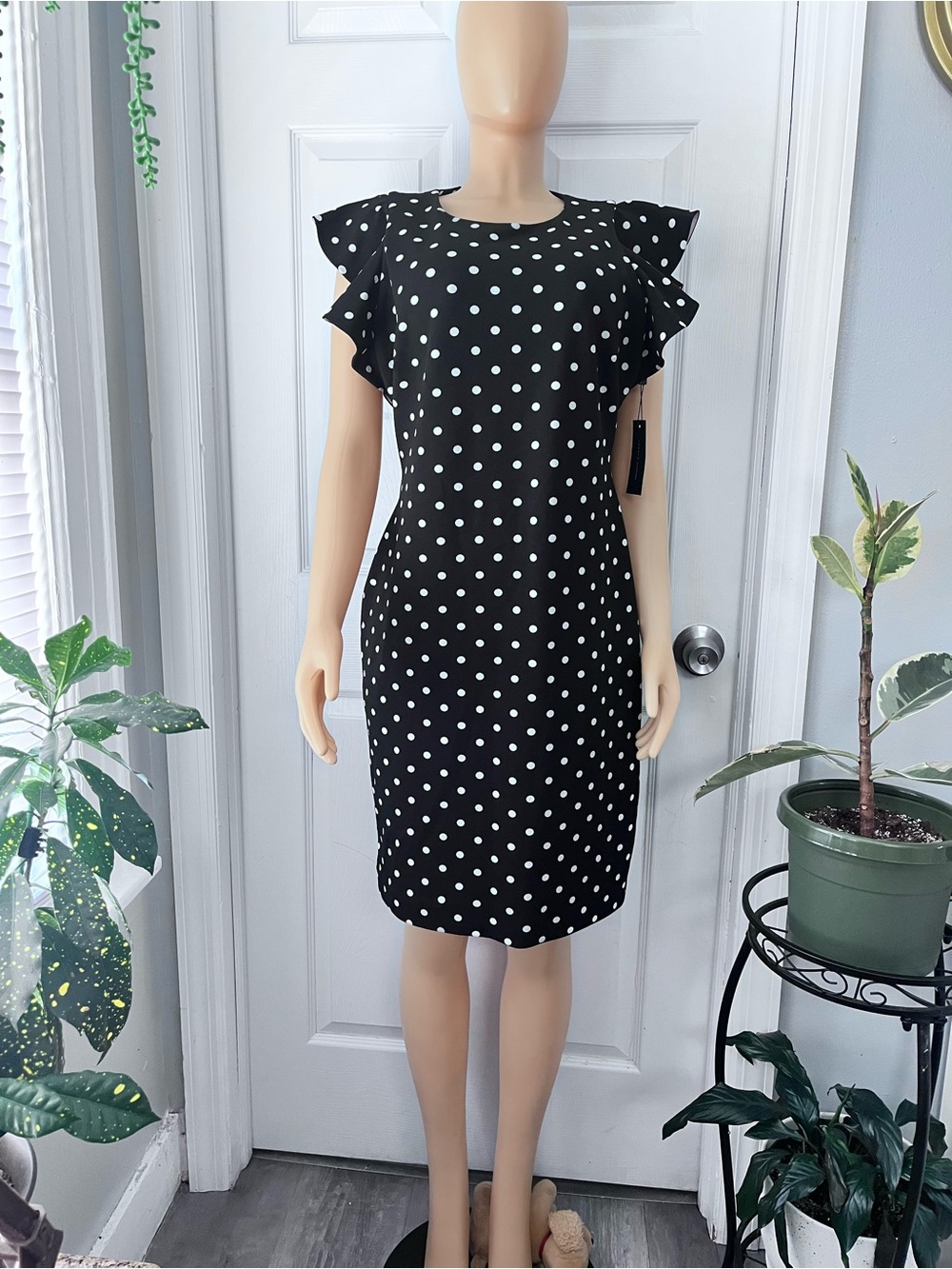 Tommy Hilfiger Black and White Polka Dot Ruffle Sleeve Midi Dress